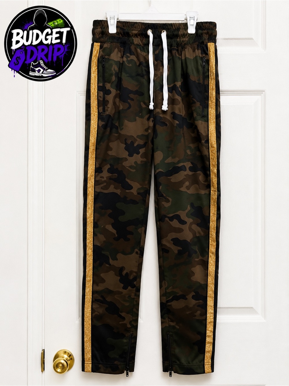 Budget Drip Men's Camo Joggers with Gold Stripe